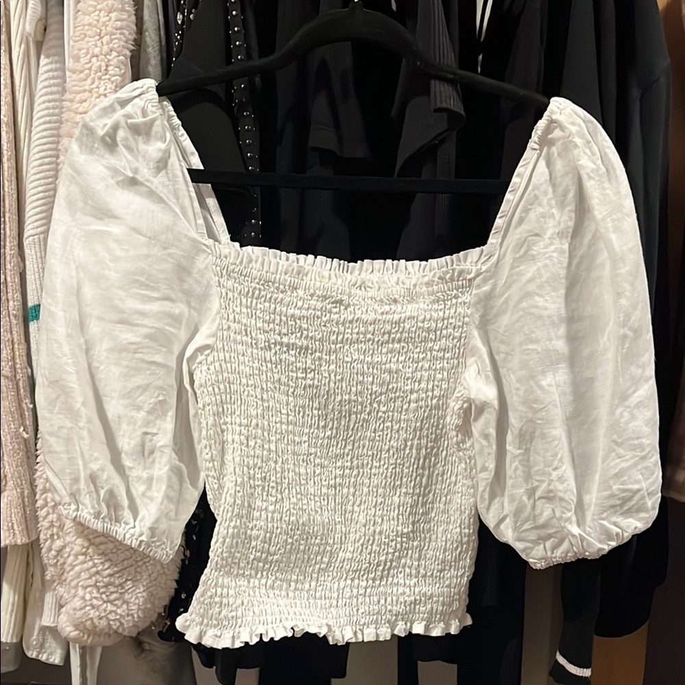 White Smocked Puff Sleeve Top